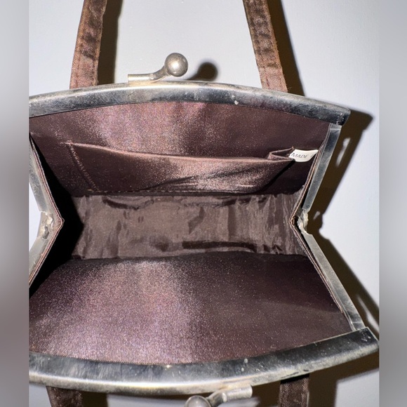 Small Brown Beaded Clutch Handbag Purse Metal Snap - Picture 6 of 8